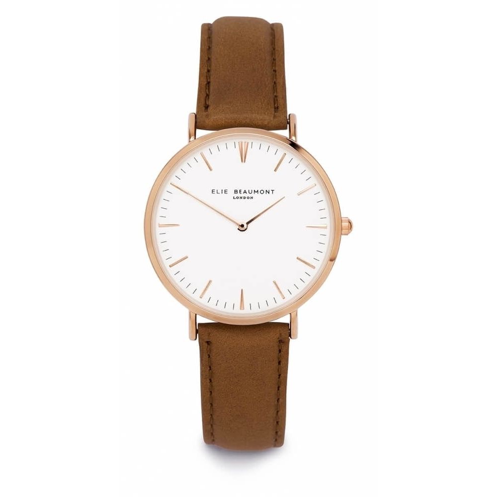 Tan Leather Rose Plated Watch with White Dial