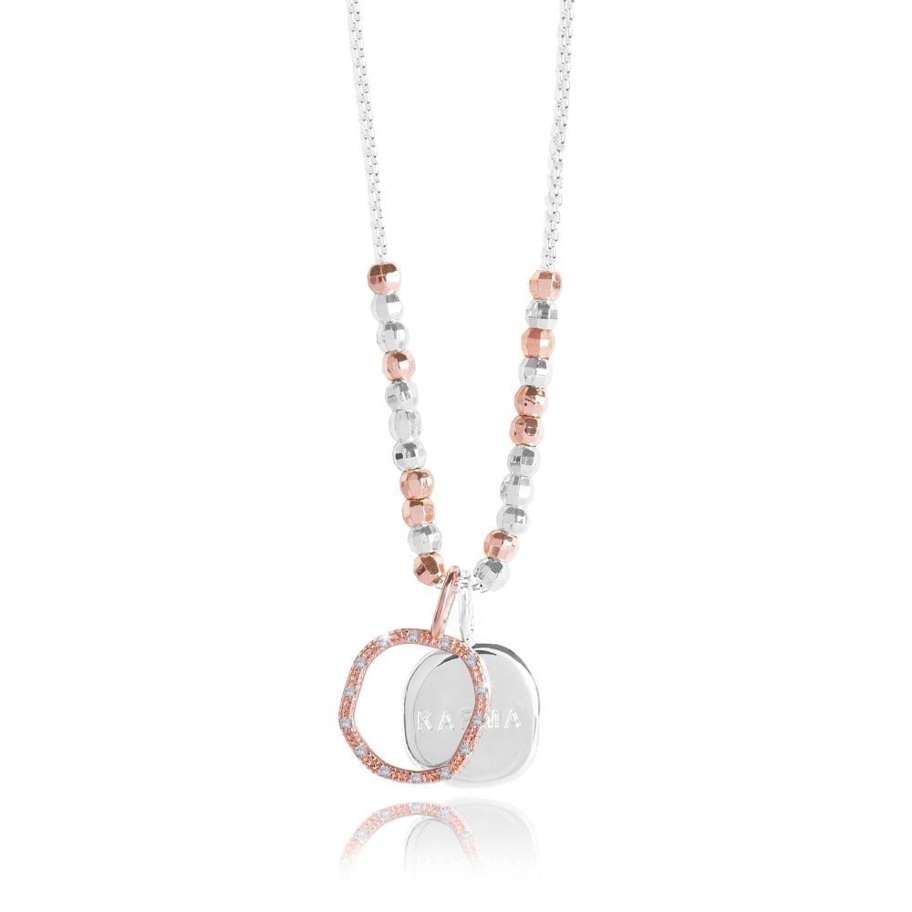 CACI - KARMA - Silver Chain With Rose Gold Pave Charm And Silver Stamped Charm - Necklace