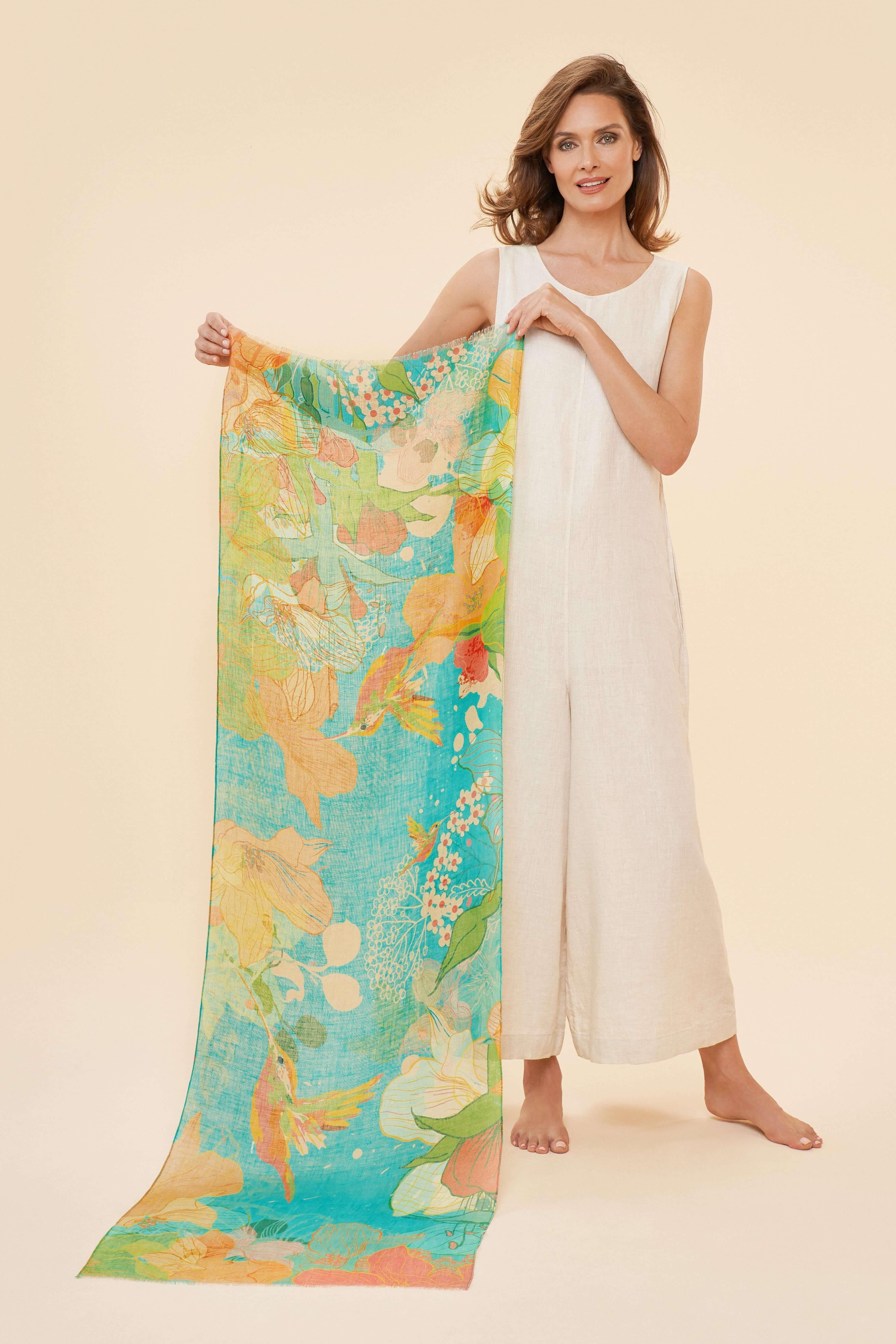 Hummingbird - Aqua Linen Print Scarf