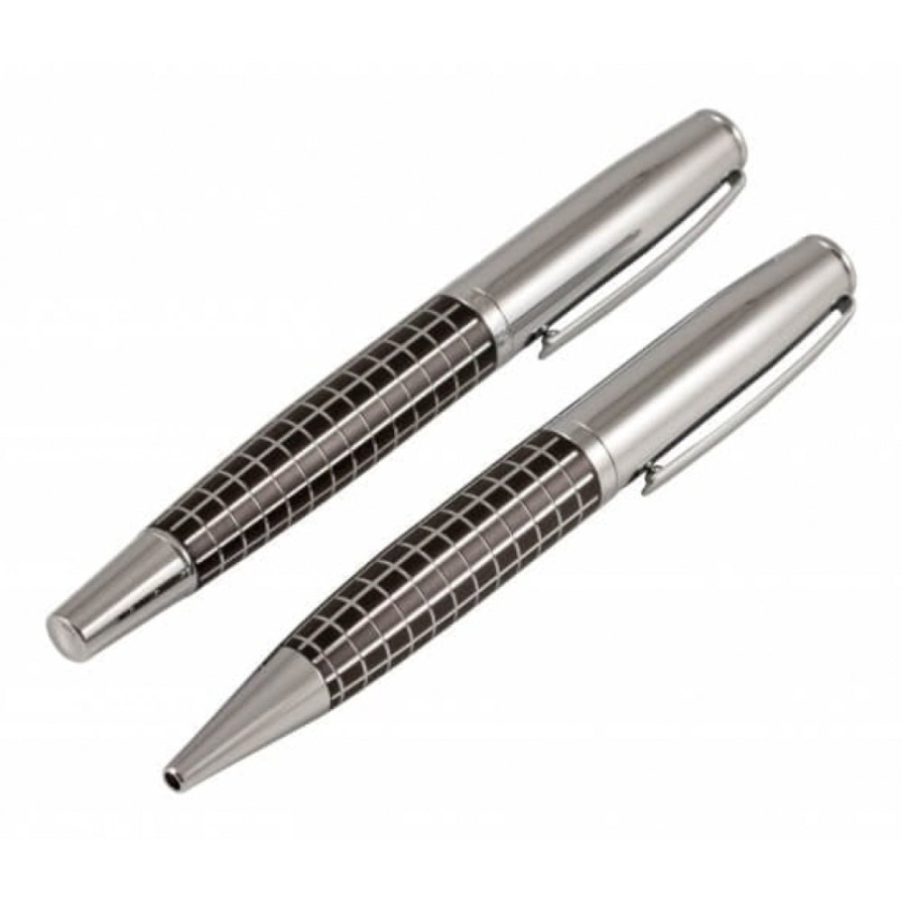 Silver Square Pattern Ball Point & Roller Ball Set