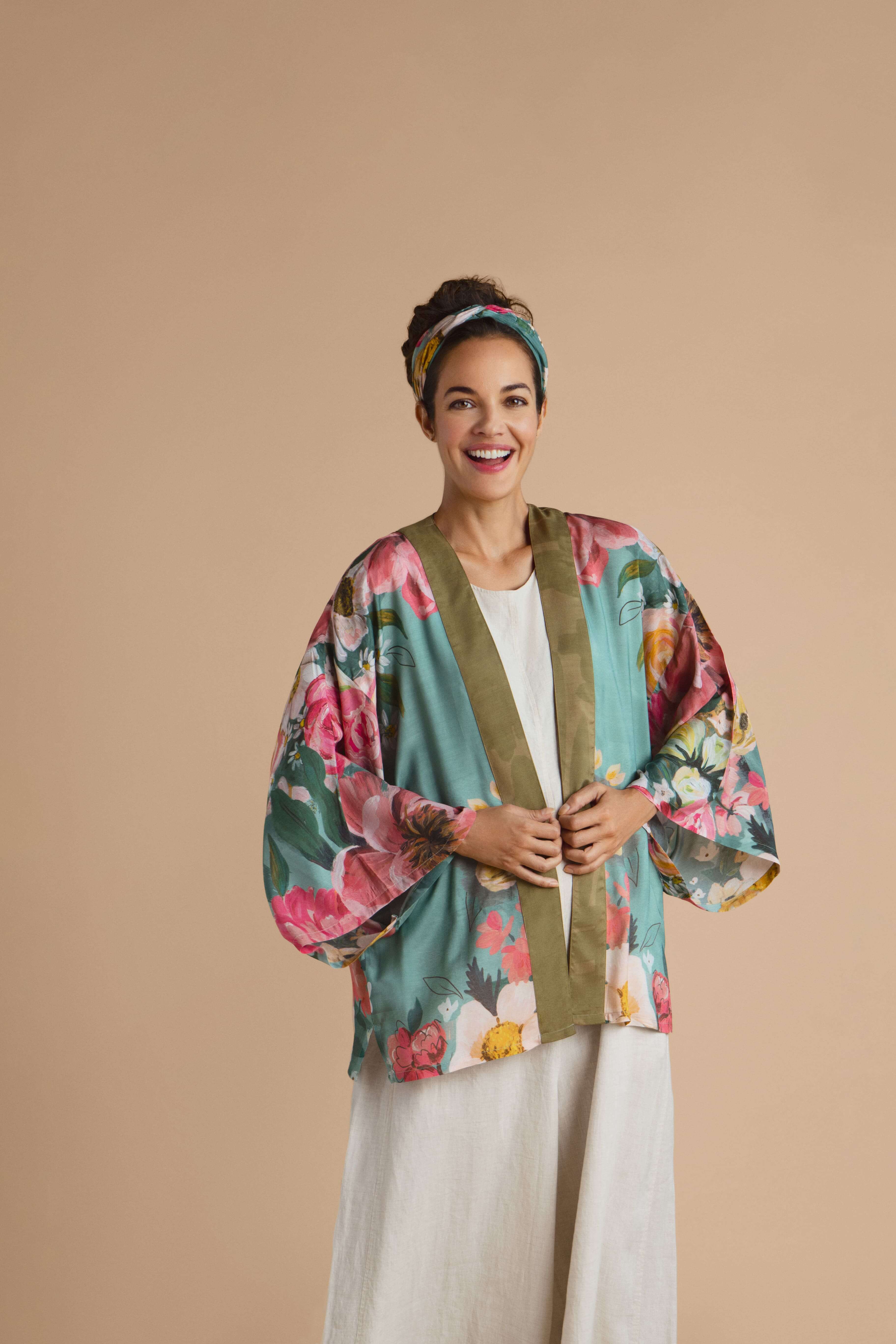 Impressionist Floral Kimono Jacket - Teal