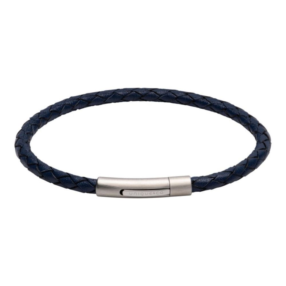 Blue Leather Bracelet BL Edge with Matte/Polished Steel Clasp