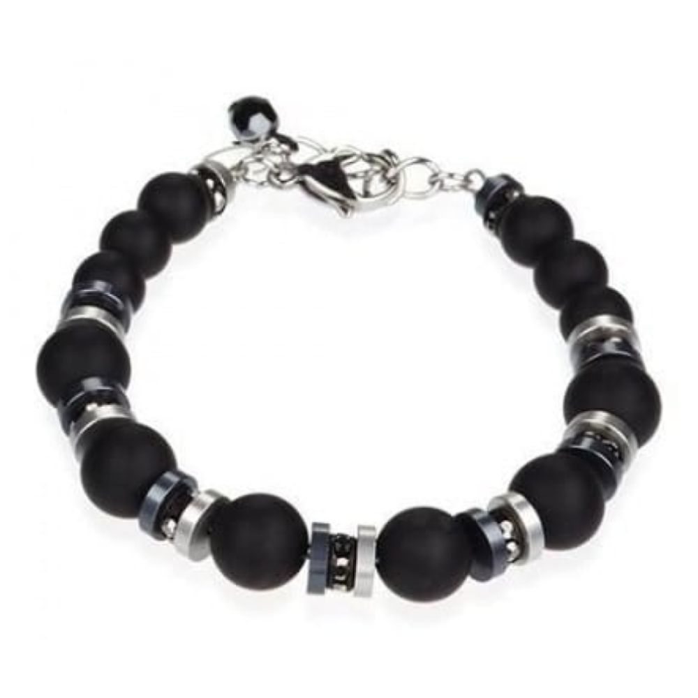 Black Mat Onyx Circular Bead Bracelet With Swarovski