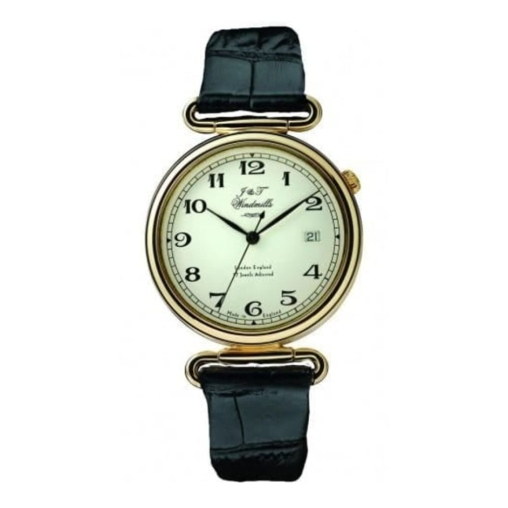 Black Leather Gold Plated Silver Mechanical Watch