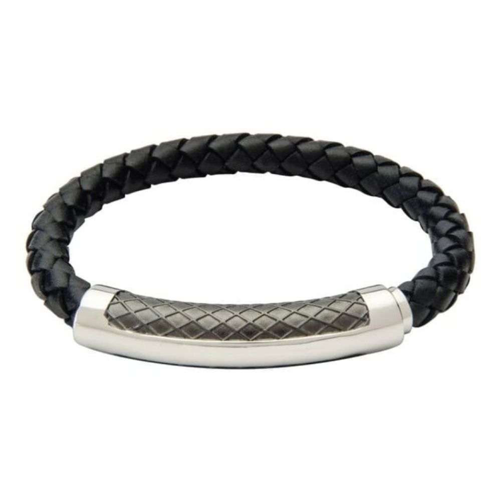 Men's Black Leather Bracelet With Gunmetal Finish Band With Diagonal Cross Pattern & Magnetic Clasp