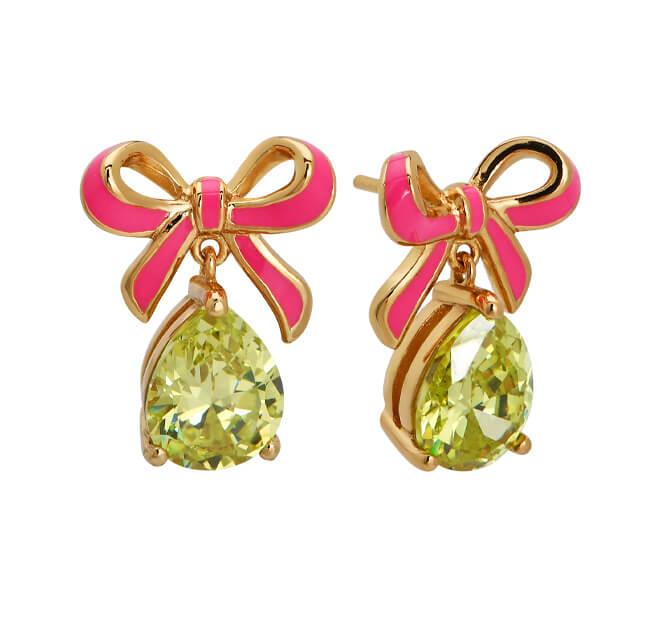 Amelia Bow Studs In Bright Pink Enamel, Lime CZ Teardrop & Gold