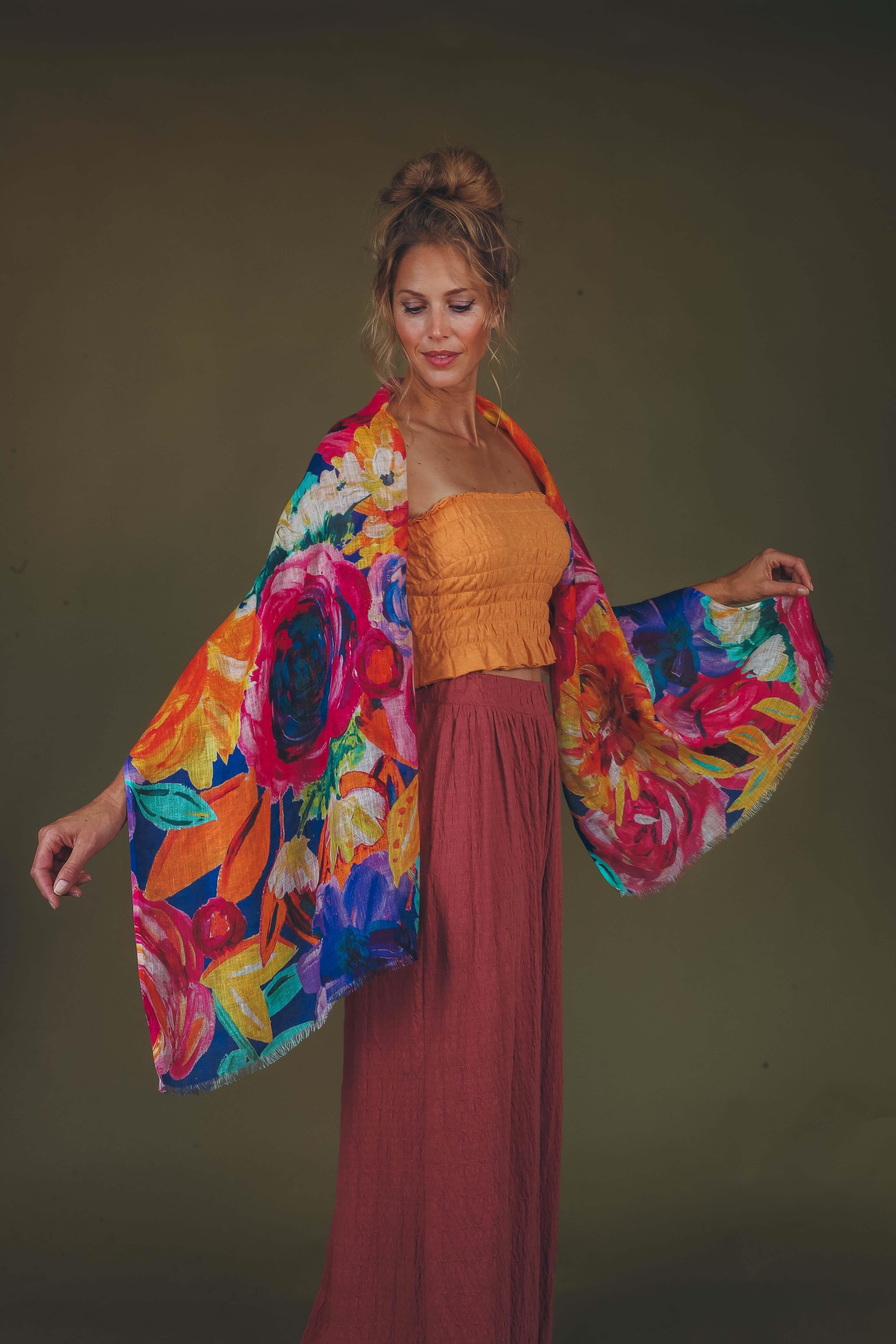 Floral Frenzy Linen Scarf in Sunset