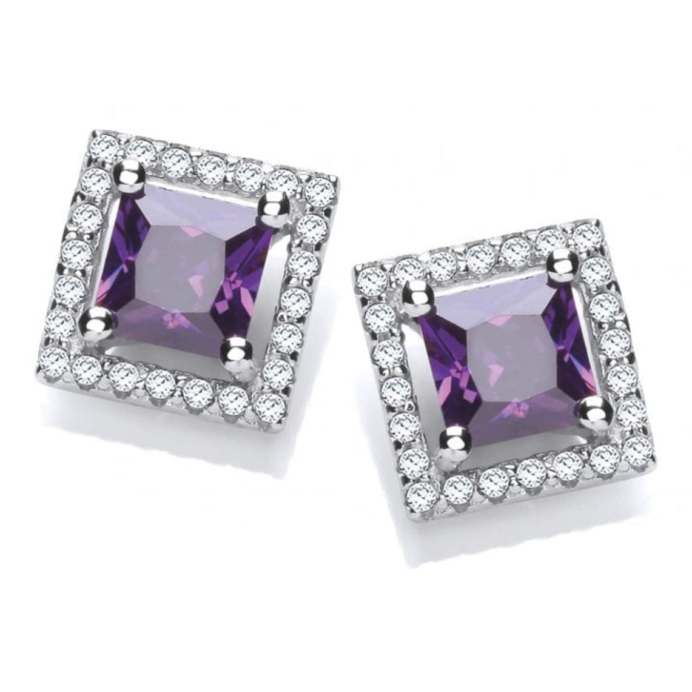 Silver Amethyst CZ Deco Square Earrings
