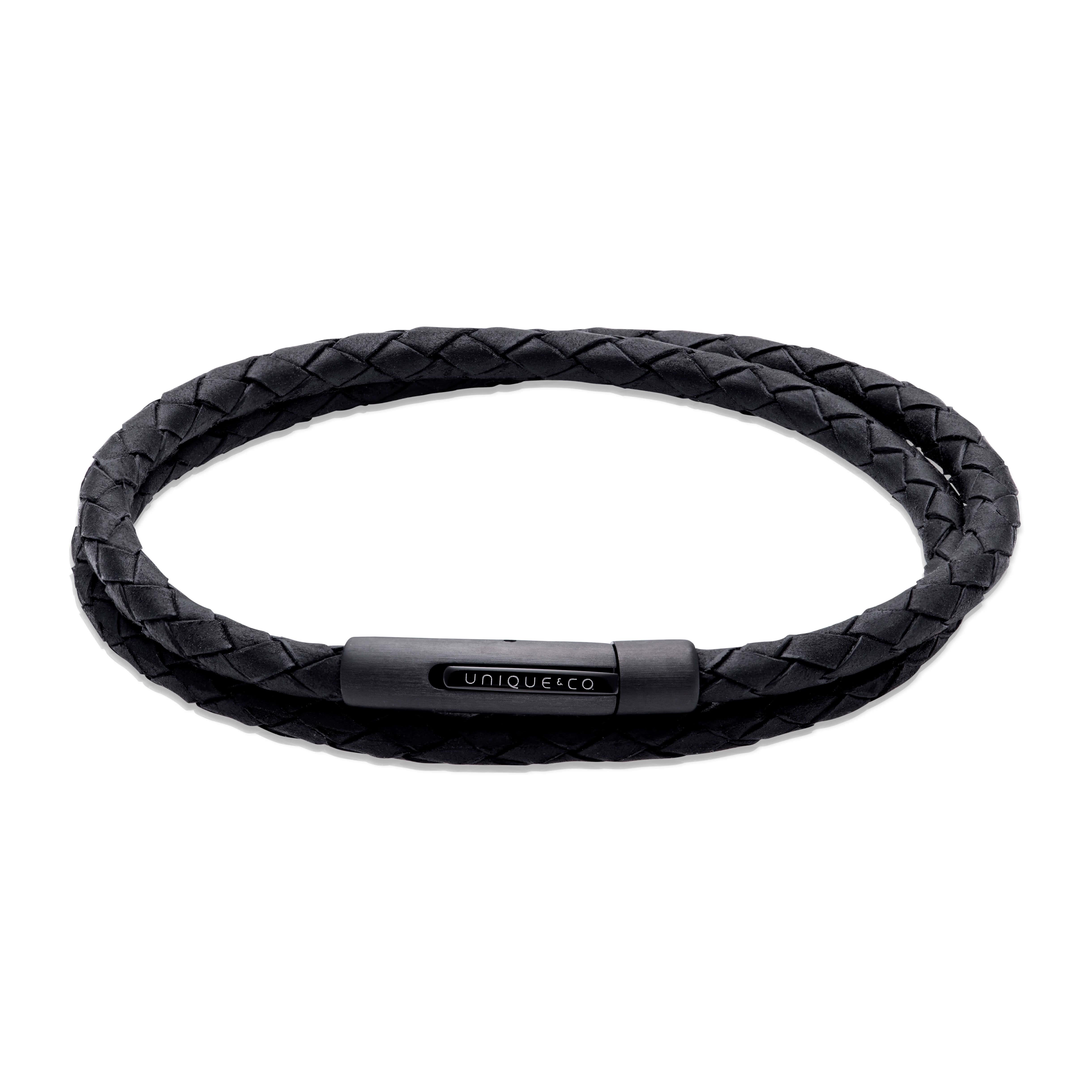 Black Leather Bracelet with BL Edge & Black IP Matte/Polished Steel Clasp