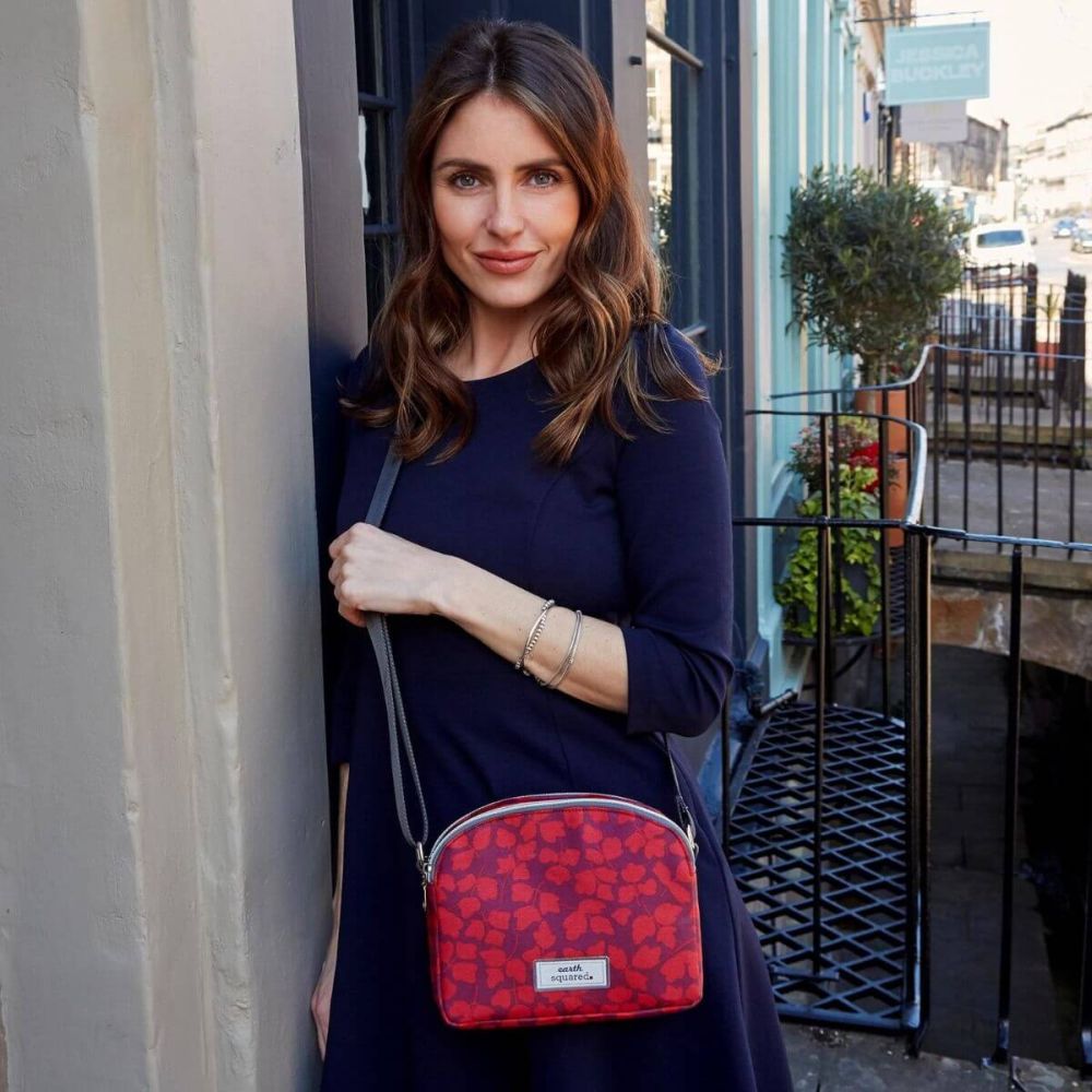 Red Flower Oil Cloth Half Moon Bag