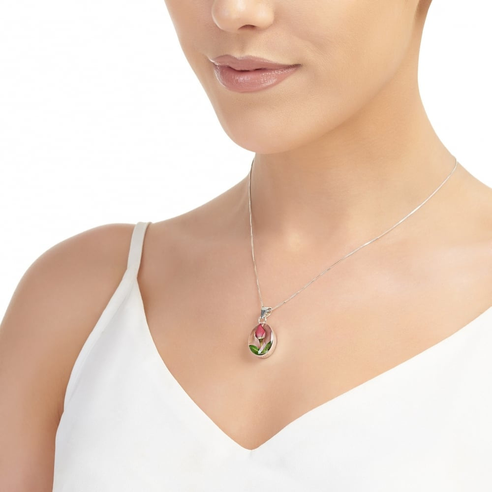 Silver Pendant - Rose bud - Oval