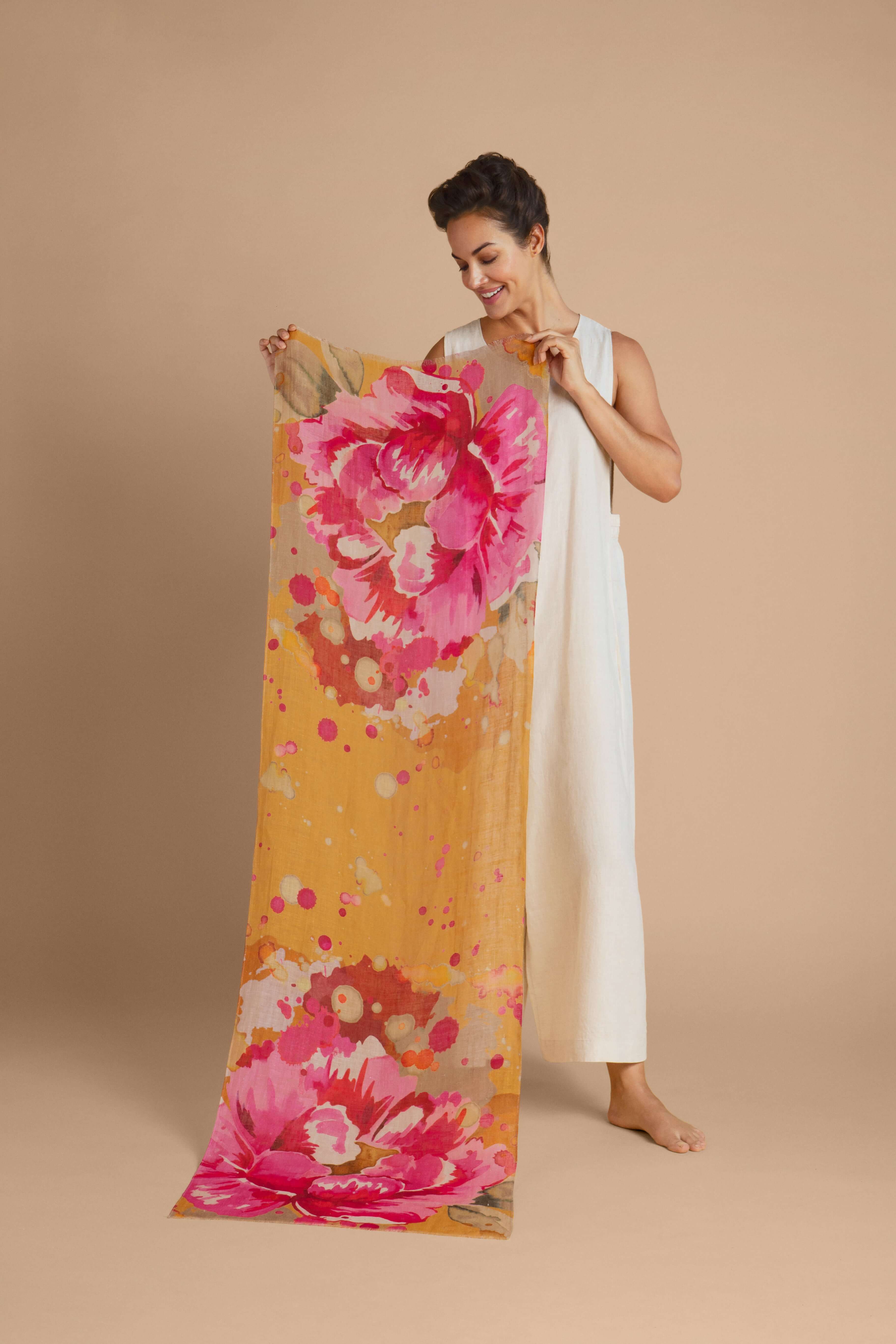 Painted Peony Linen Print Scarf - Mustard