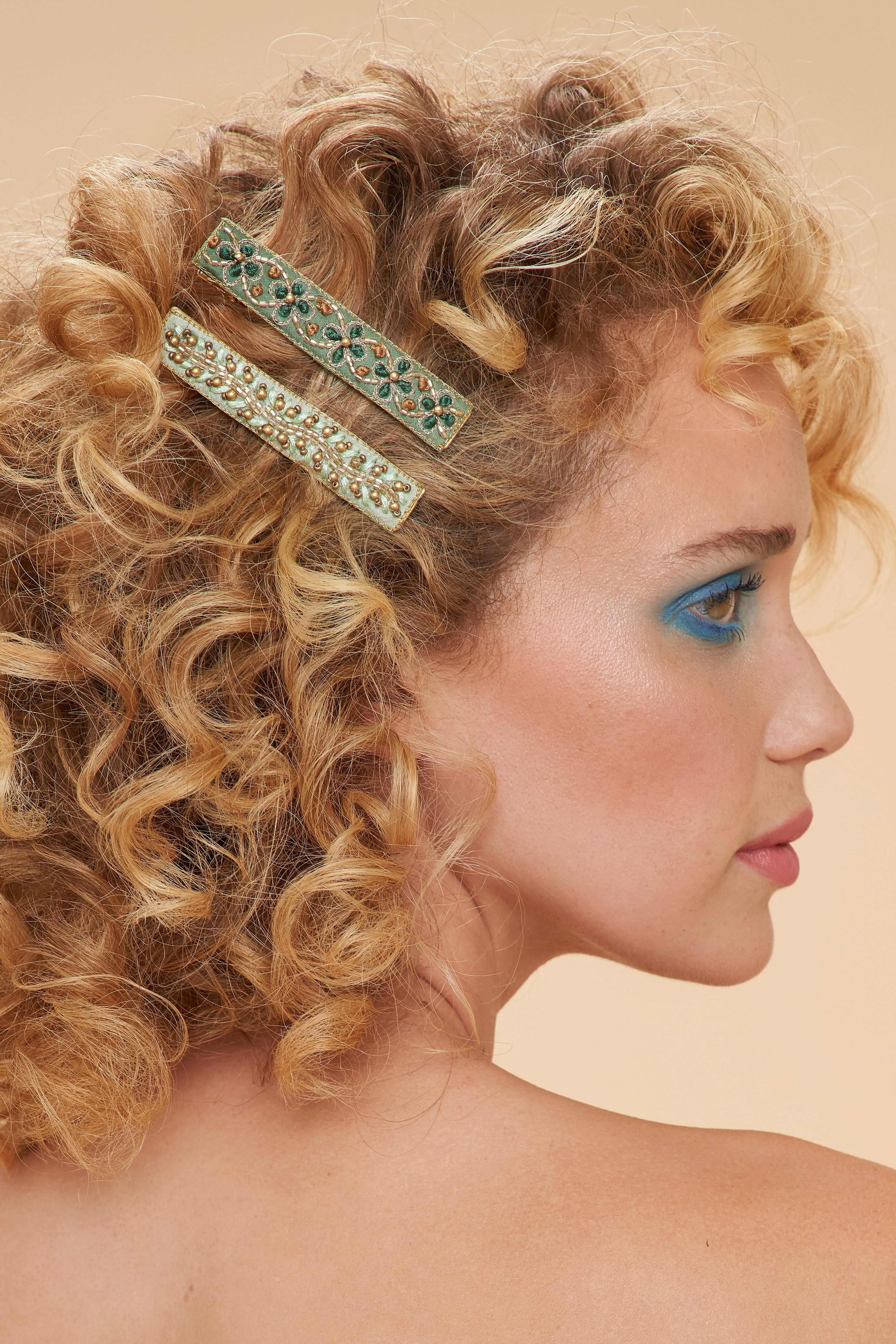 Narrow Jewelled Hair Bar - Green Vines
