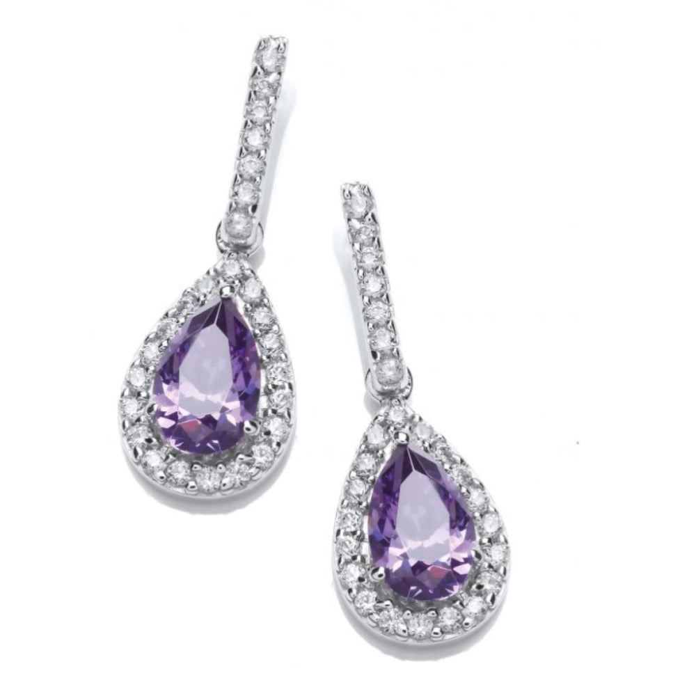Silver Ornate Amethyst CZ Teardrop Earrings