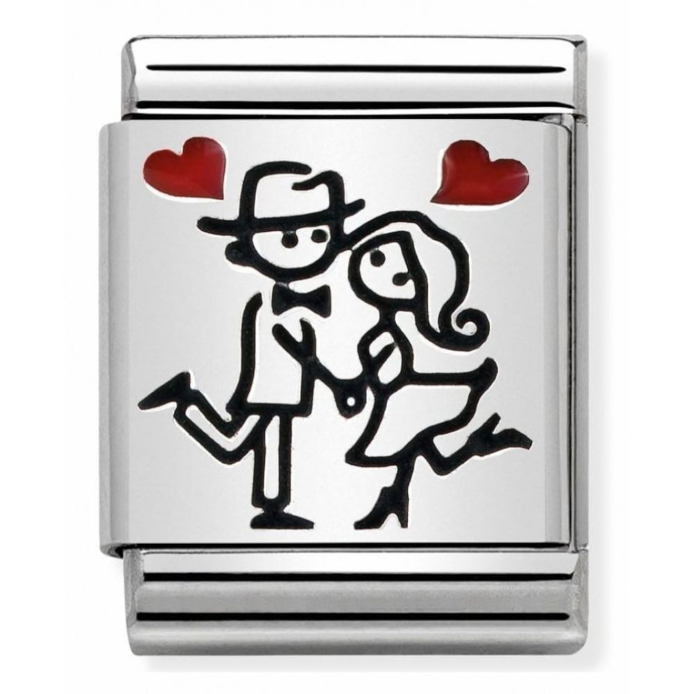 Composable Oxidised Couple With Heart Stainless Steel, Enamel And Sterling Silver Big Charm