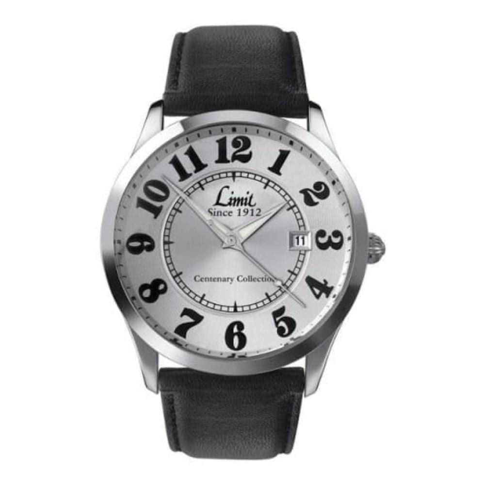 Black Leather Silver Date Display Dial Watch