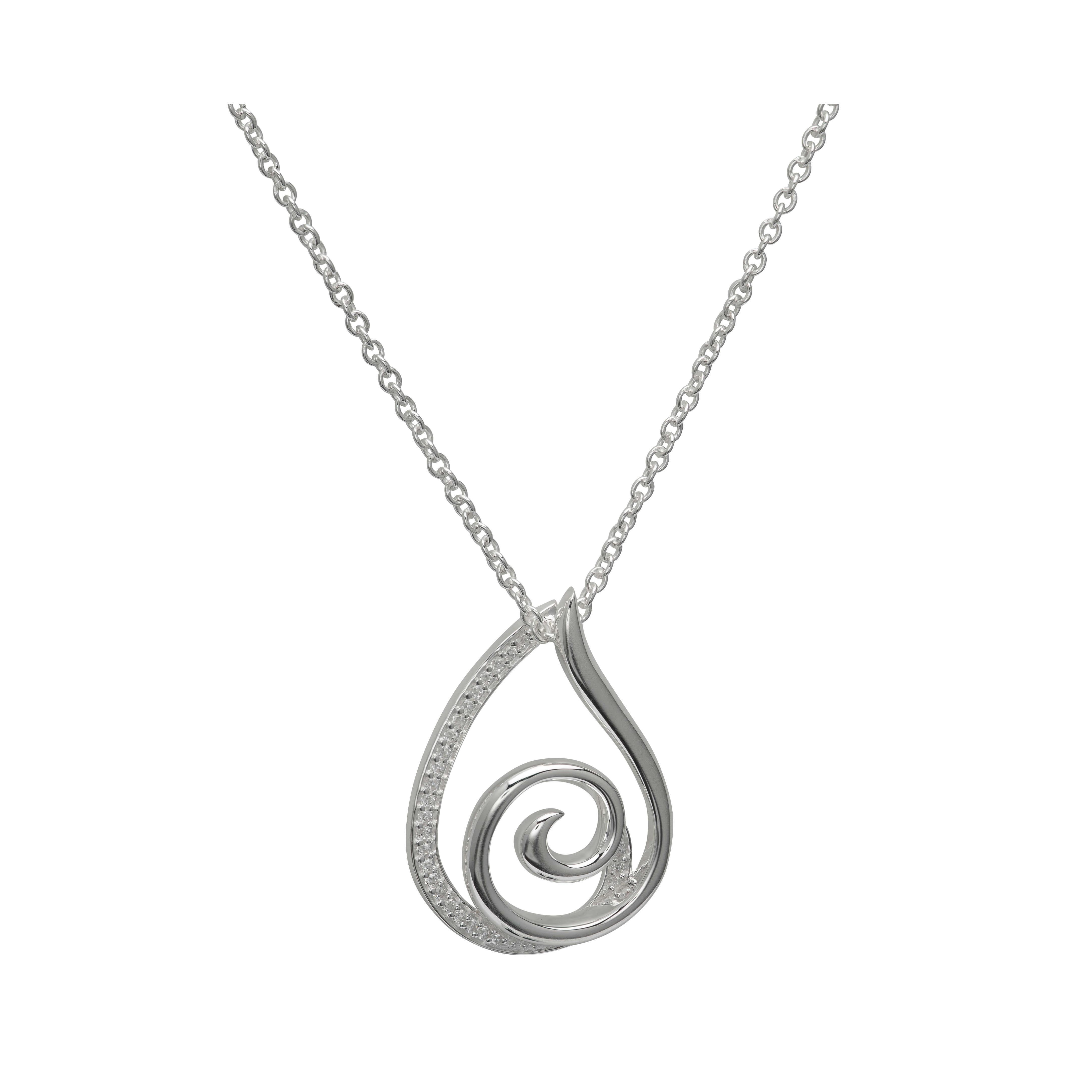 Sterling Silver 925 Teardrop Swirl Pendant With CZ Necklace