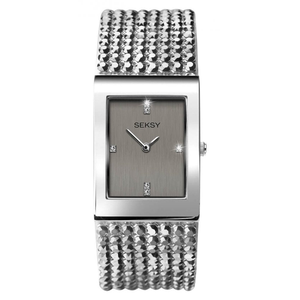 Shimmer Rhodium Plated Case With Grey Dial & White Leather Strap With Crystals Ladies Watch