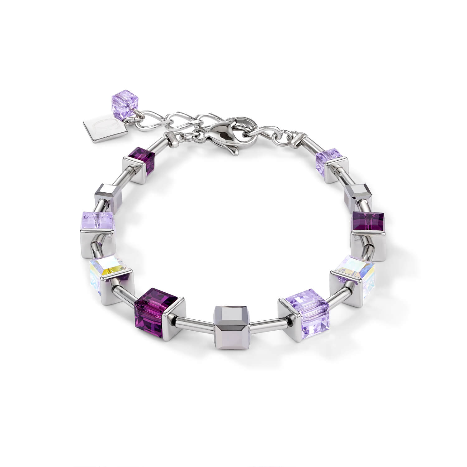 Swarovski Crystals & Amethyst Geo Cube Stainless Steel Bracelet