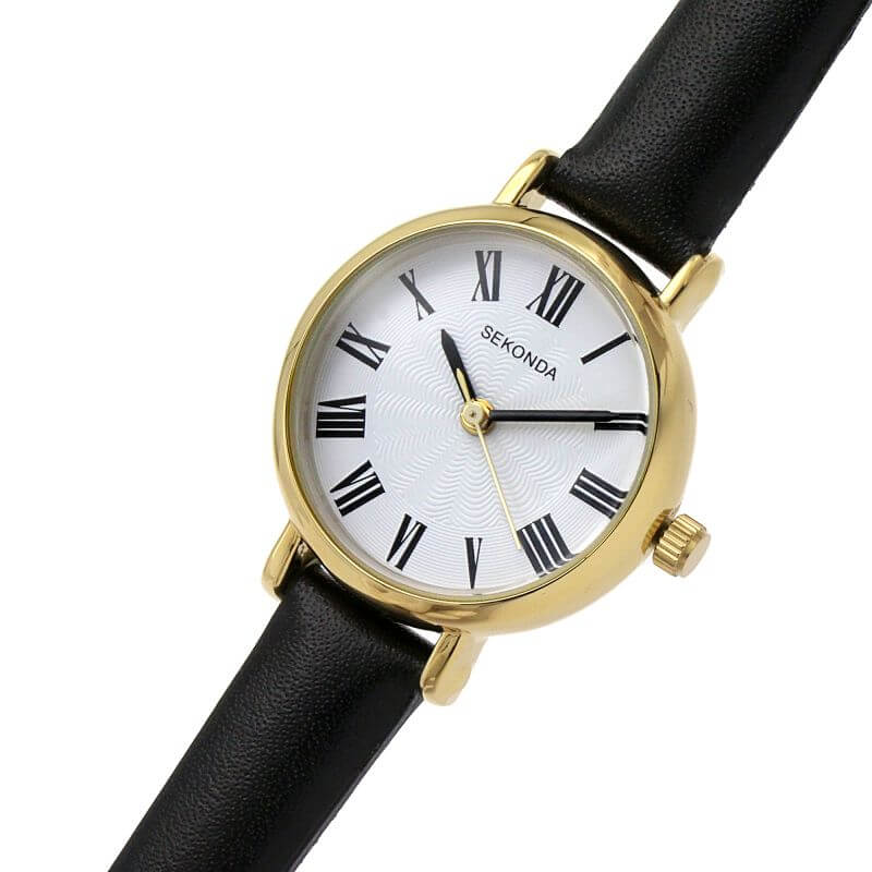 Gold Plated Cream Dial & Black Leather Strap Ladies Watch