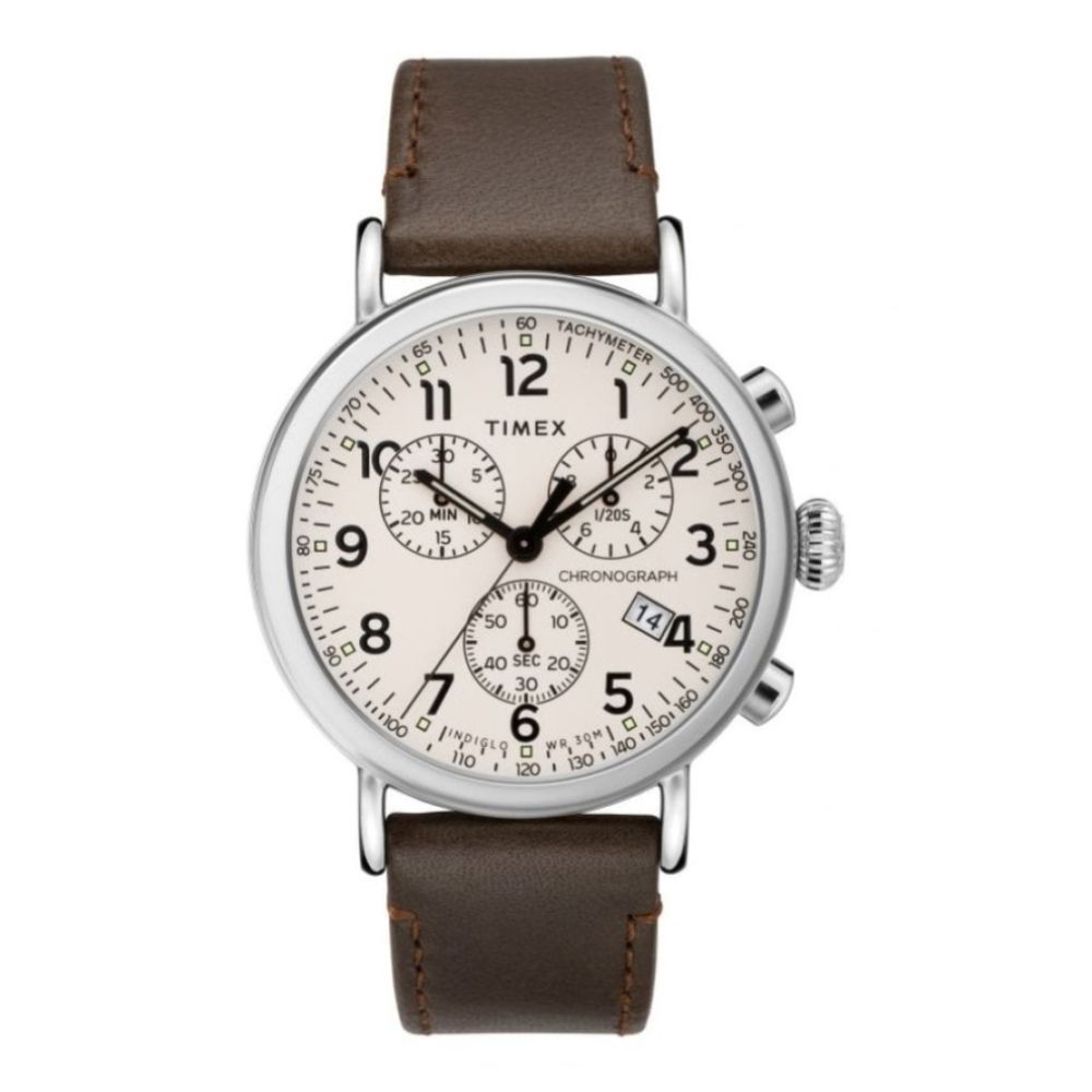 Chrome Chronograph Indoglo Brown Leather Watch
