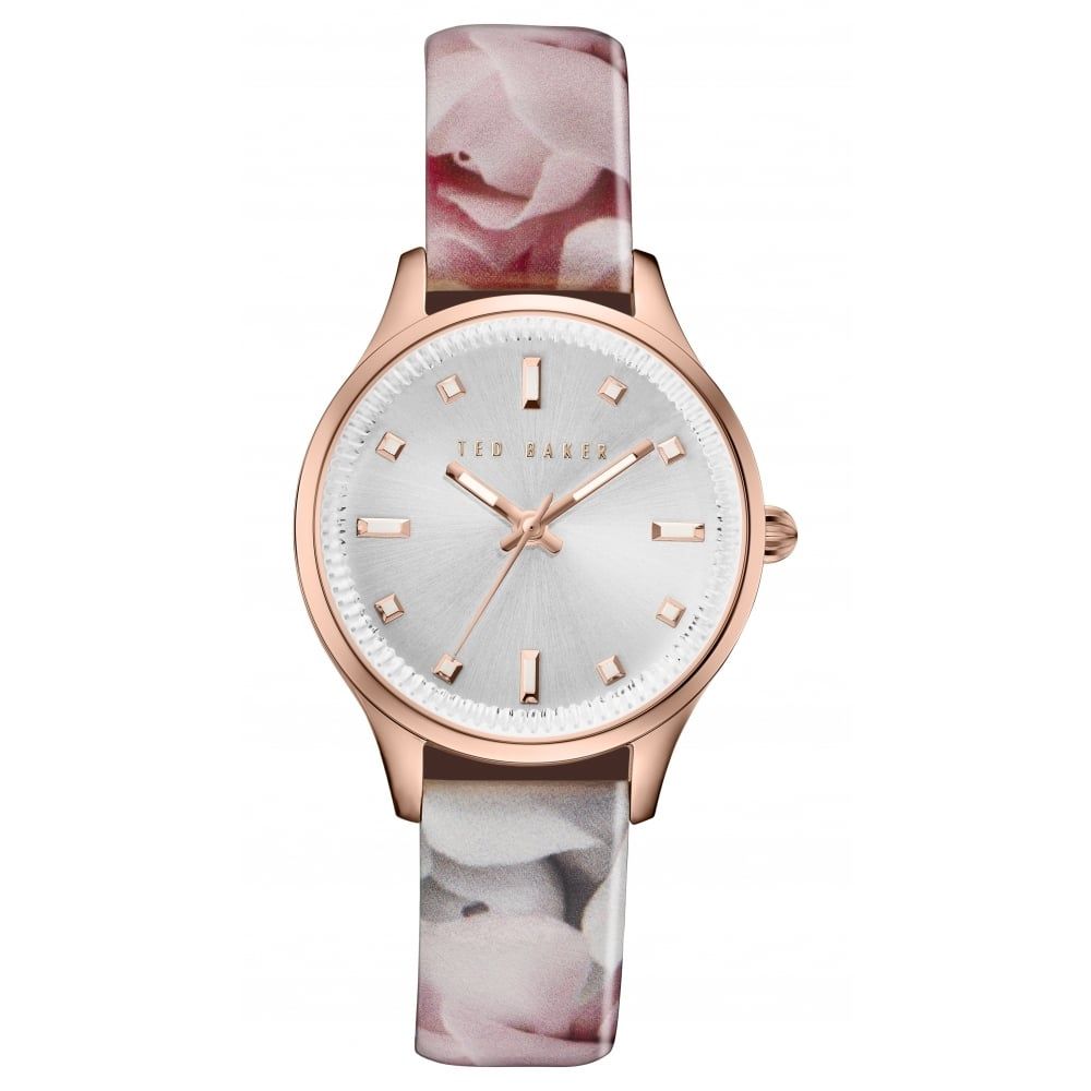 Pink Rose Floral Print Leather Rose Gold Watch