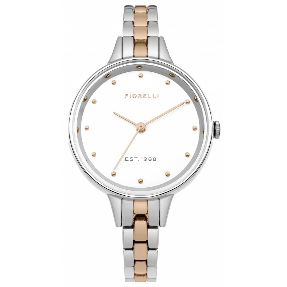 Skinny Two Tone Silver & Rose Gold Bracelet Watch With White Dial