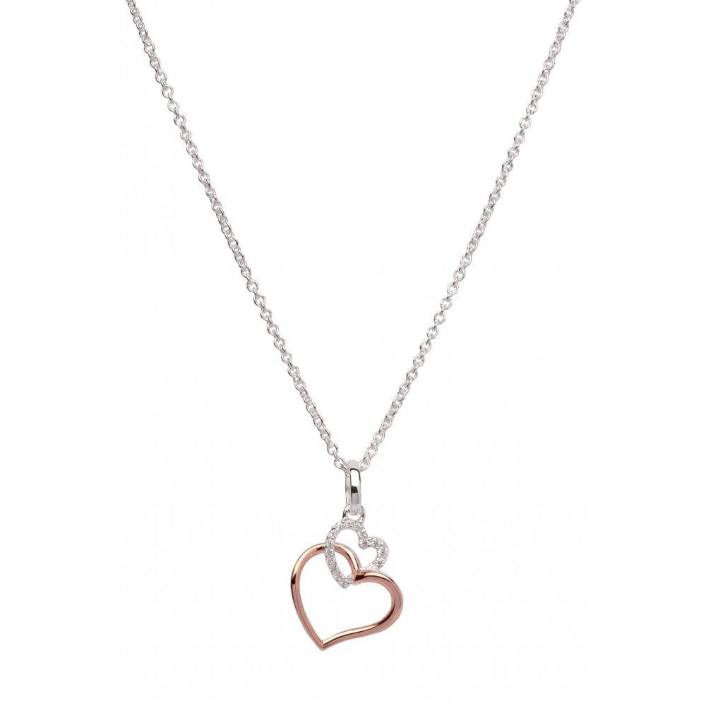 Silver 925 Hearts Pendant With Rose Gold Plating And CZ Incl. Chain