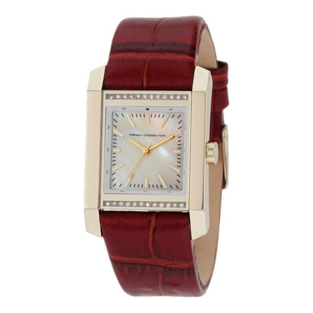 Ladies Quartz Watch With Square Stone Set Gold Tone Case
