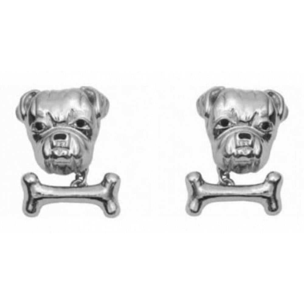 Rhodium Plated Bulldog & Bone Chain Cufflinks