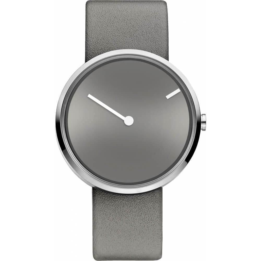 Stainless Steel Grey Rotating Dial With White Hand & Grey Leather Strap Unisex Watch