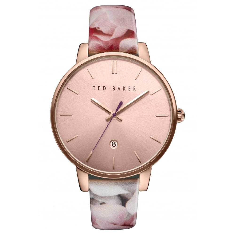 Pink Rose Floral Print Leather Gold Plated Watch