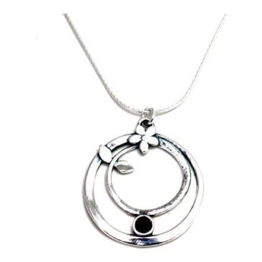 Ladies Flower & Black Onyx Circular Pendant Necklace