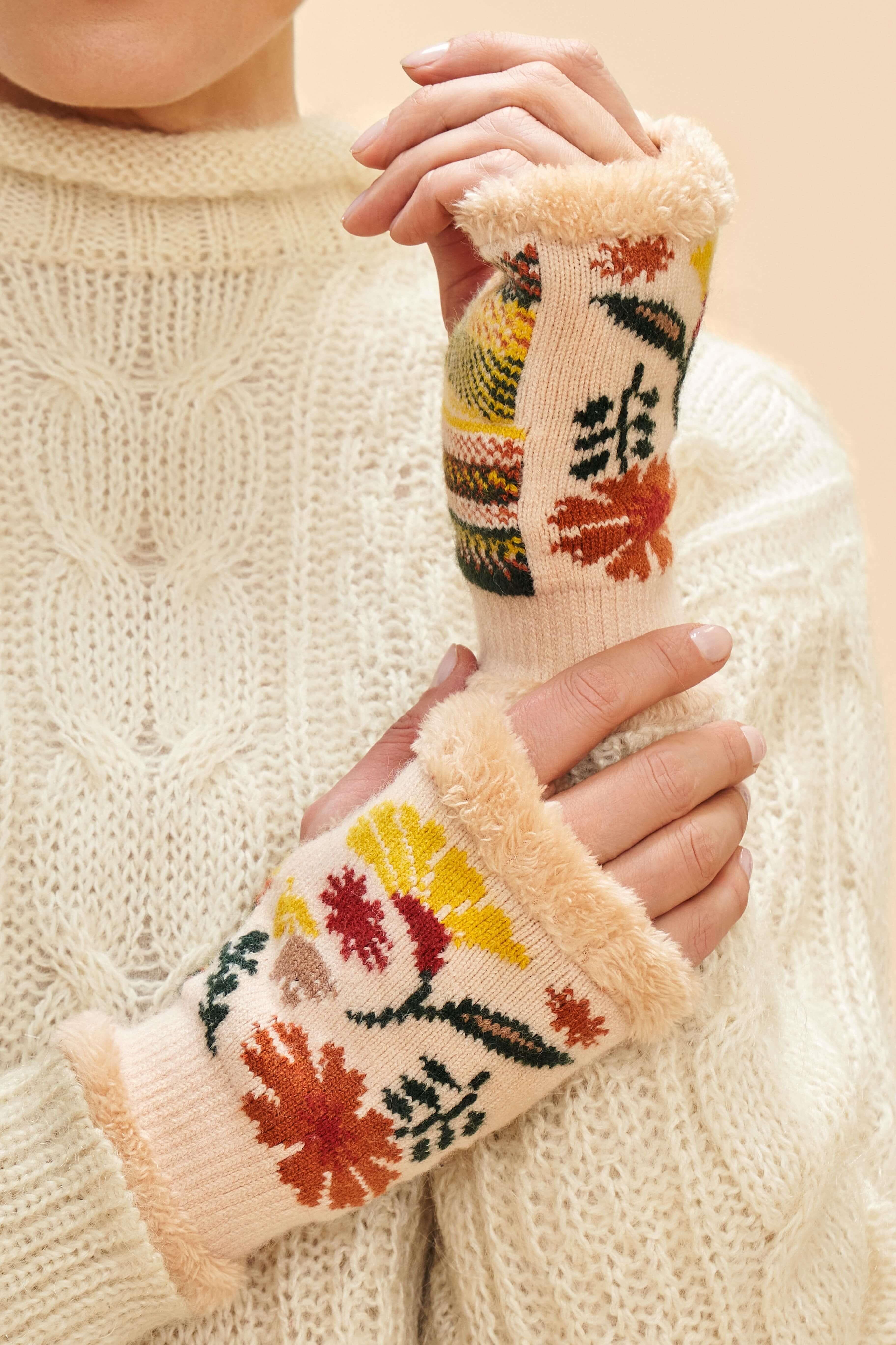 Ladies Watercolour Floral Wrist Warmers - Cream