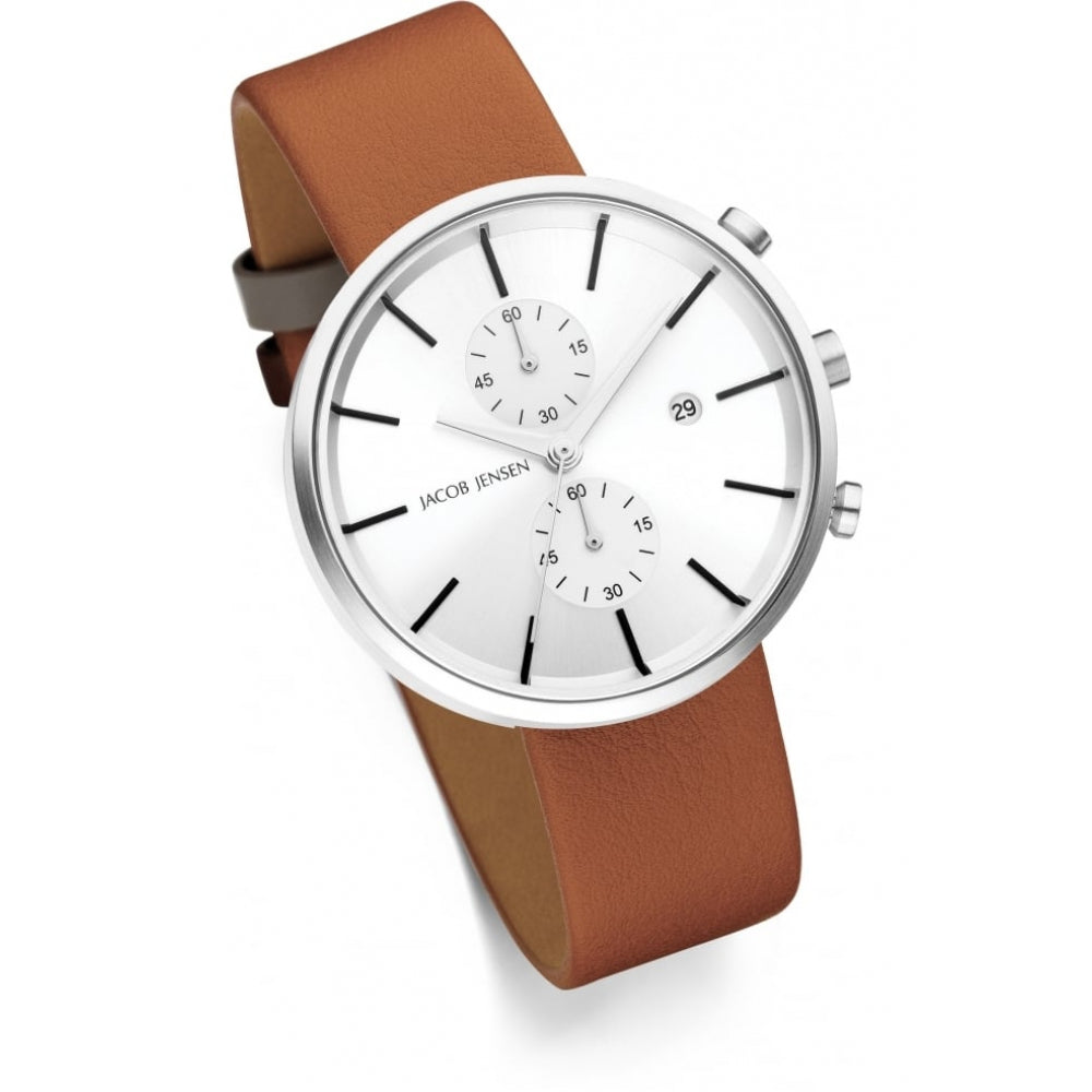 Stainless Steel Silver Dial & Bronze Leather Strap Chronograph Gents Watch
