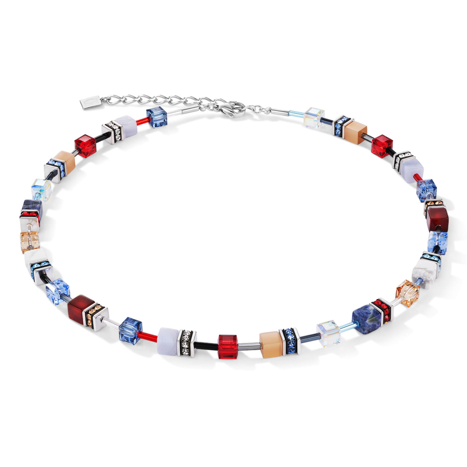Blue-Red Swarovski Crystals & Gemstones Geo Cube Necklace