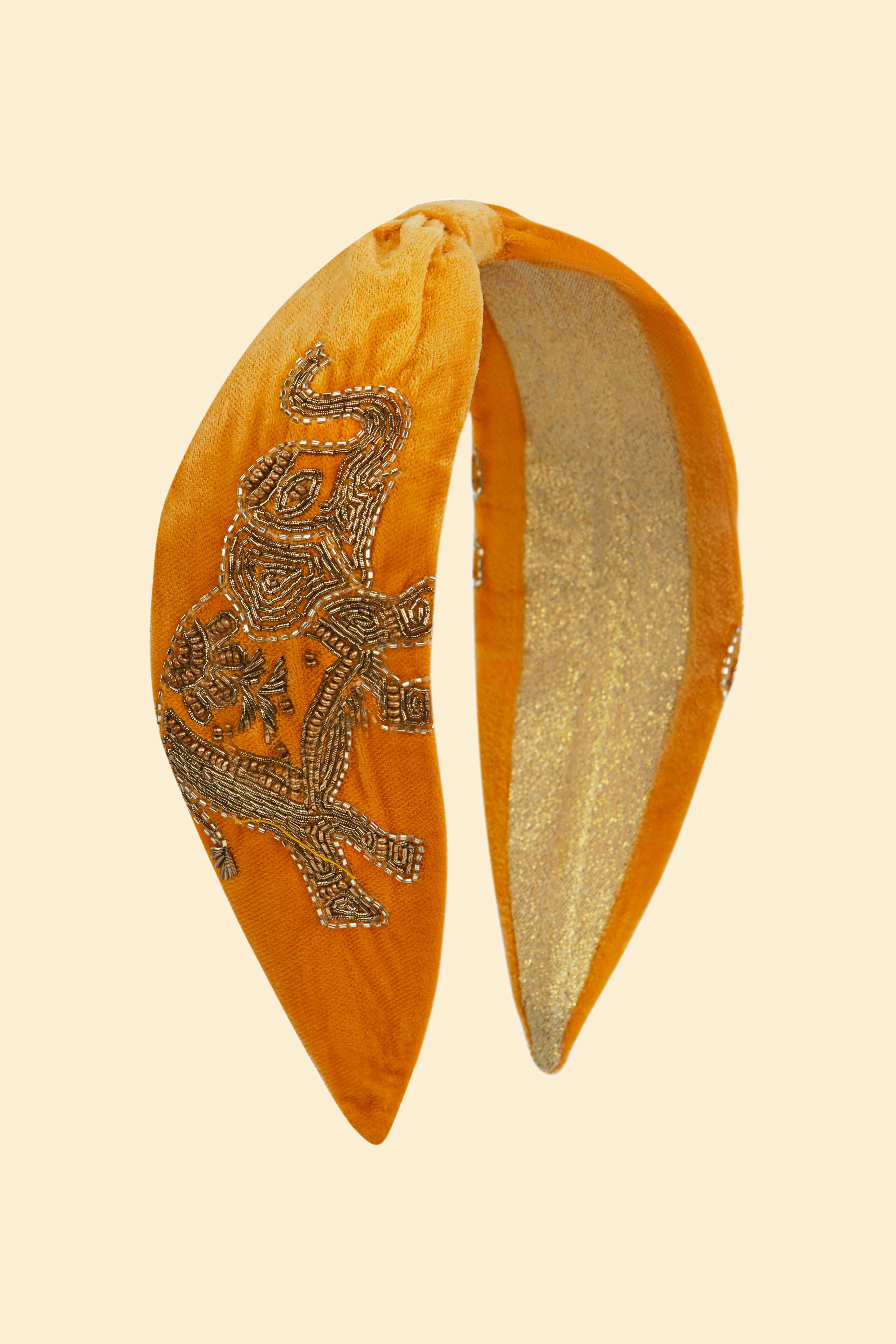 Beaded Elephant Velvet Headband - Mustard