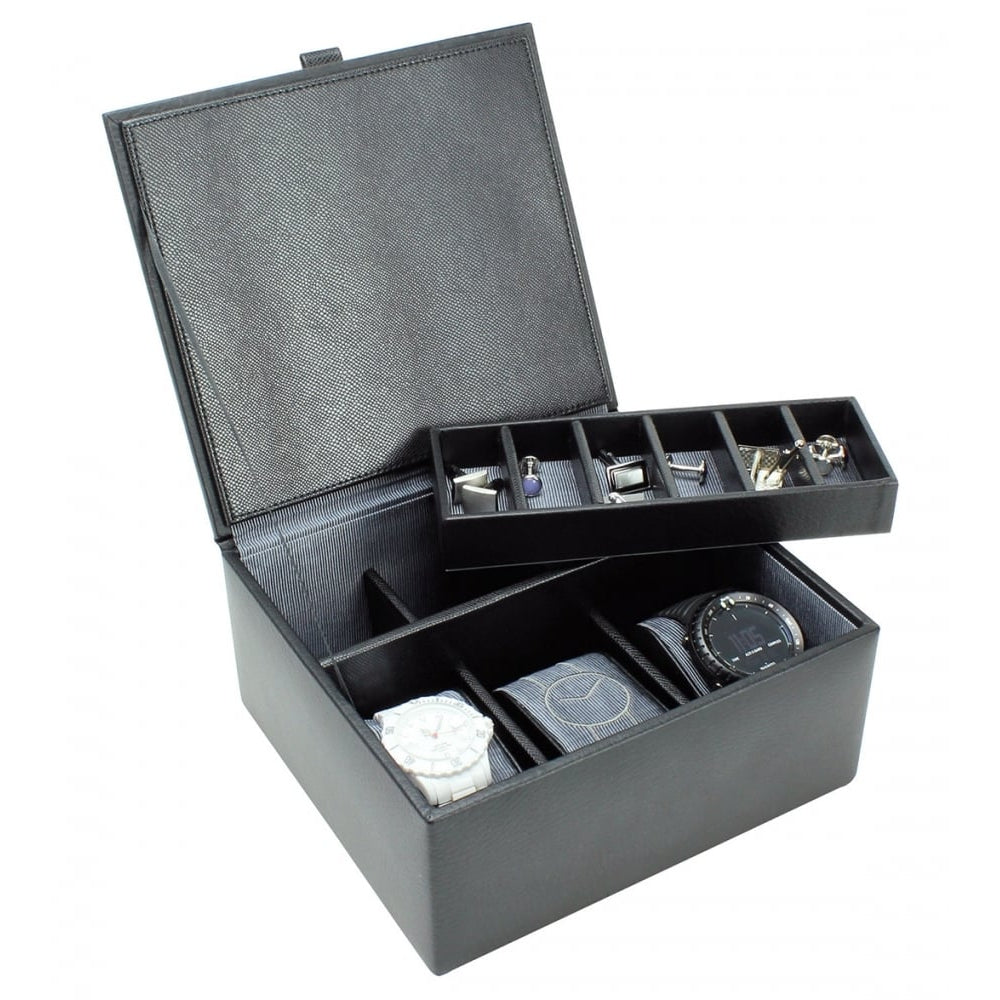 Black Leather Watch & Cufflink Box With Grey Lining