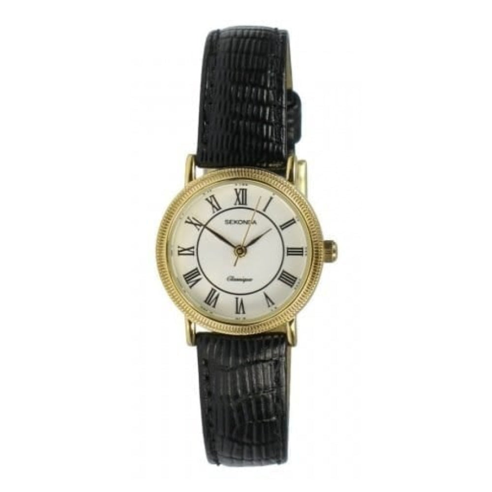 Ladies Black Leather Strap & White Dial Sekonda Watch