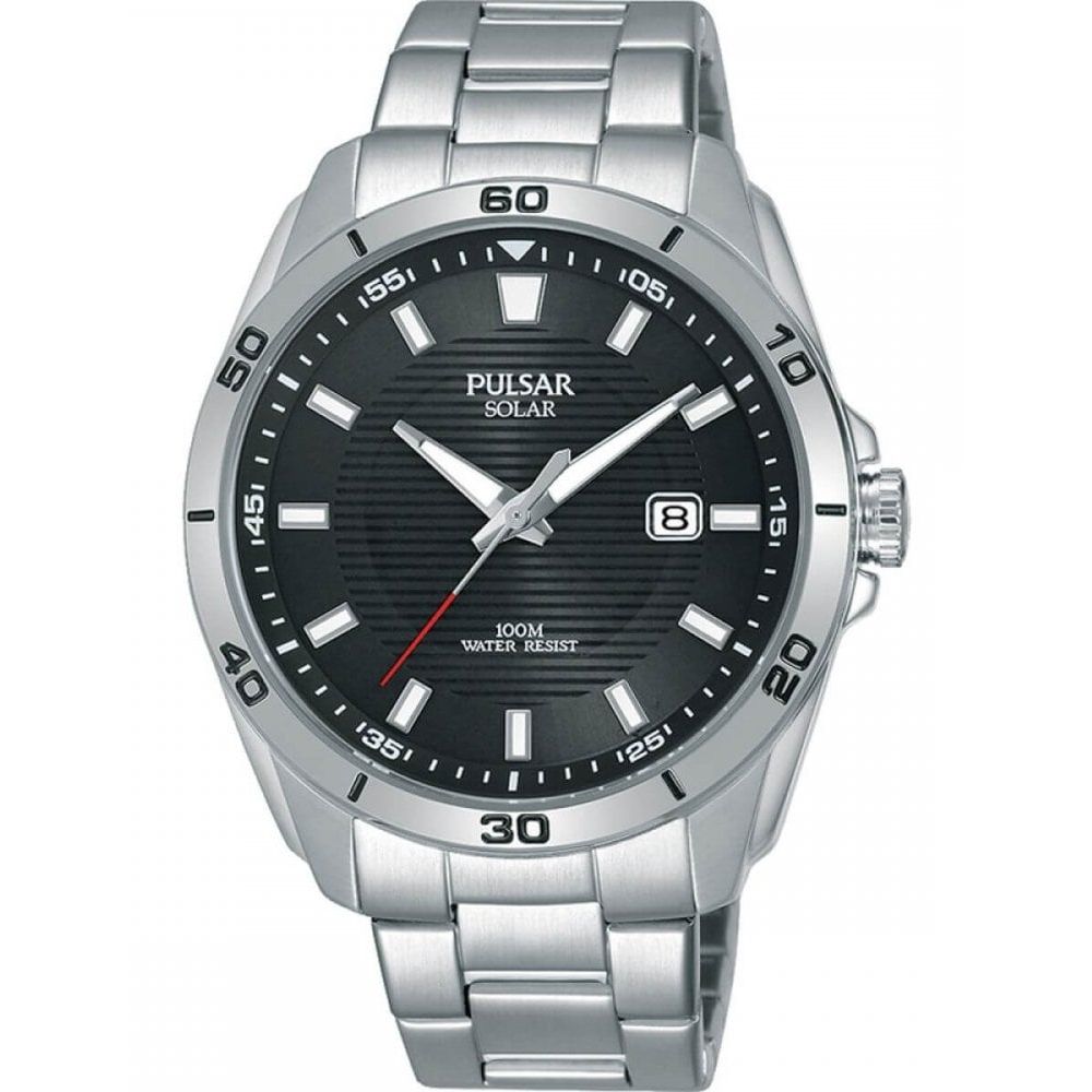Stainless Steel Case & Black Date Window Dial With Steel Bracelet Strap, Solar Powered Gents Watch