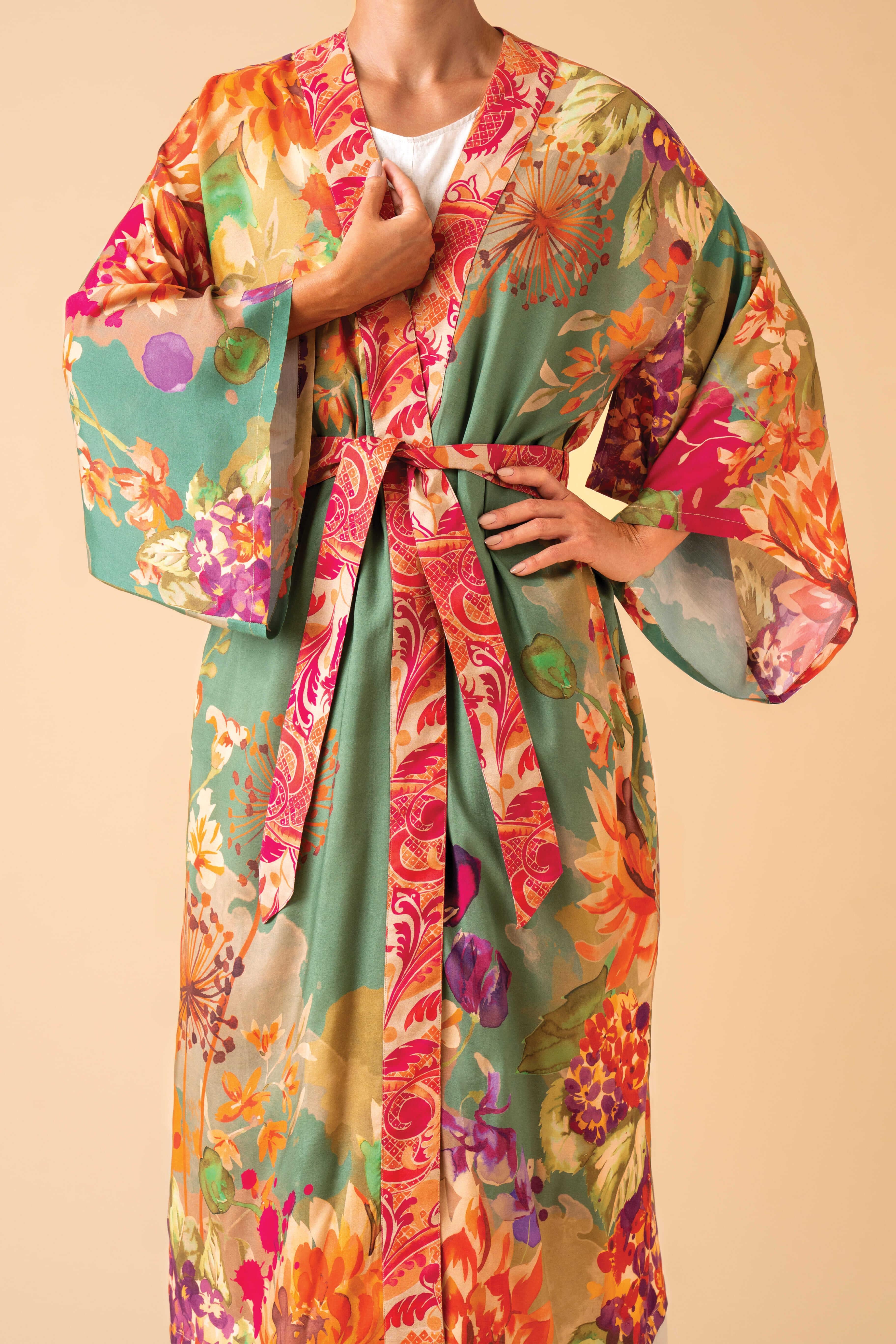 Birds and Blooms Kimono Gown - Sage