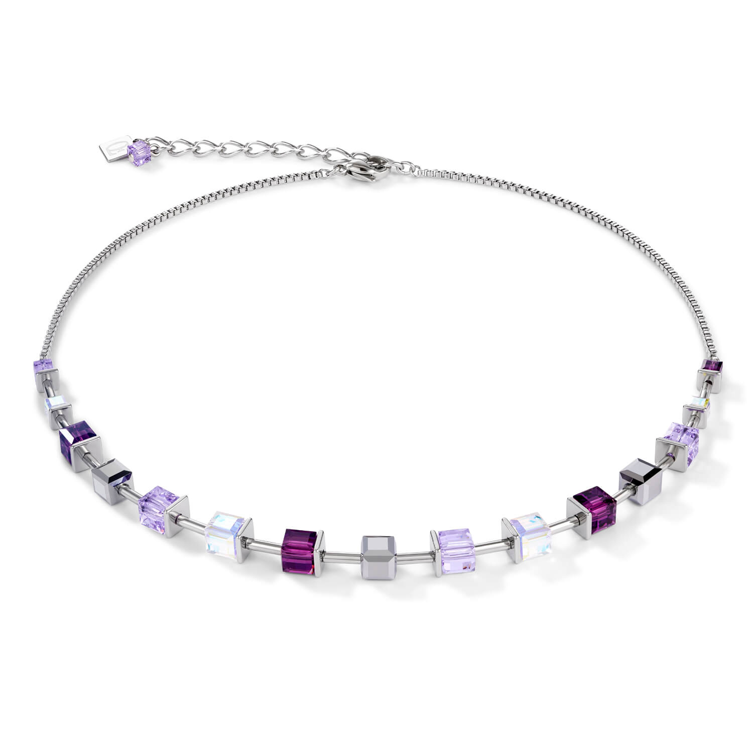Swarovski Crystals & Amethyst Geo Cube Stainless Steel Necklace