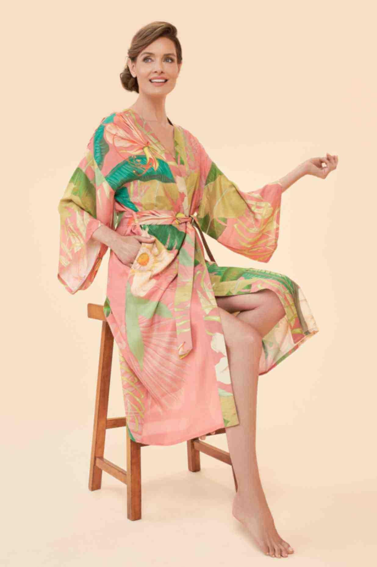 Delicate Tropical Kimono Gown - Candy