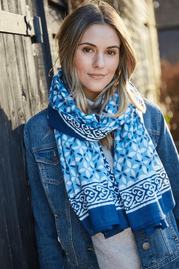 Hand Printed Cotton Sarong Tiles Blue