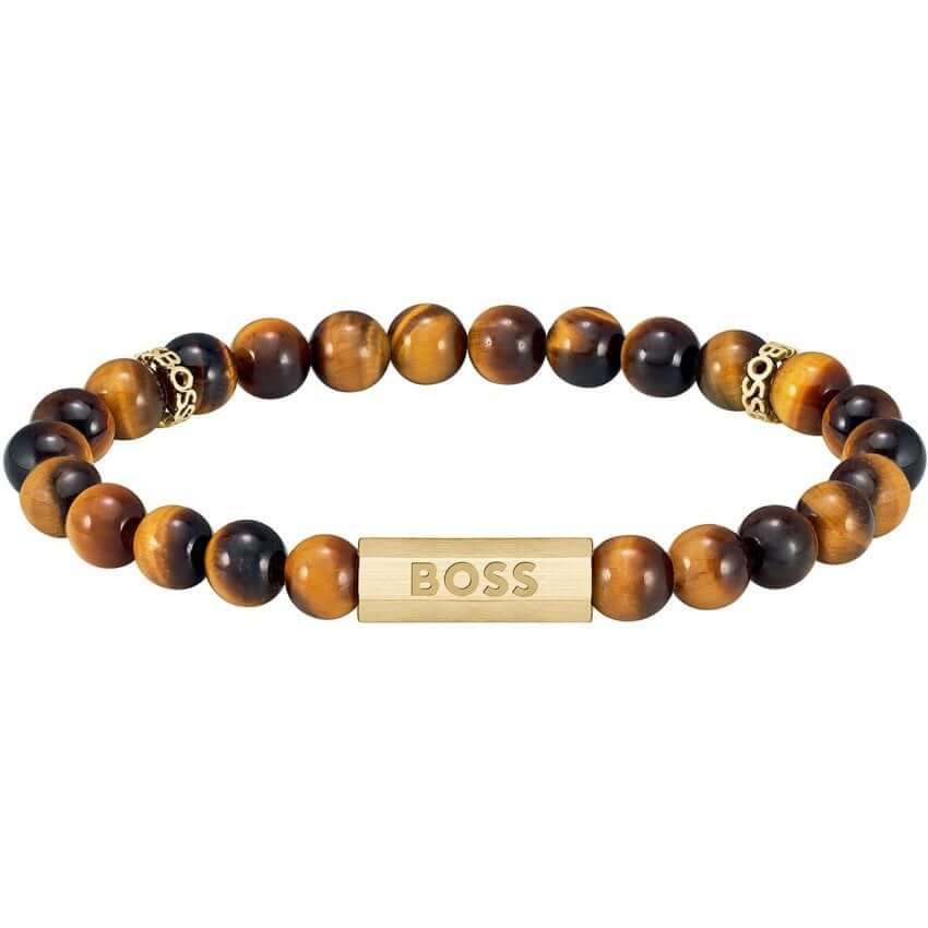 Sphere Stones Tiger's Eye Beads Gold Plated Gents Bracelet