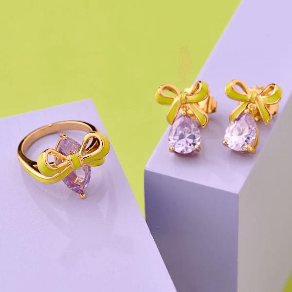 Amelia Bow Studs In Lime Enamel, Lilac CZ Teardrop & Gold