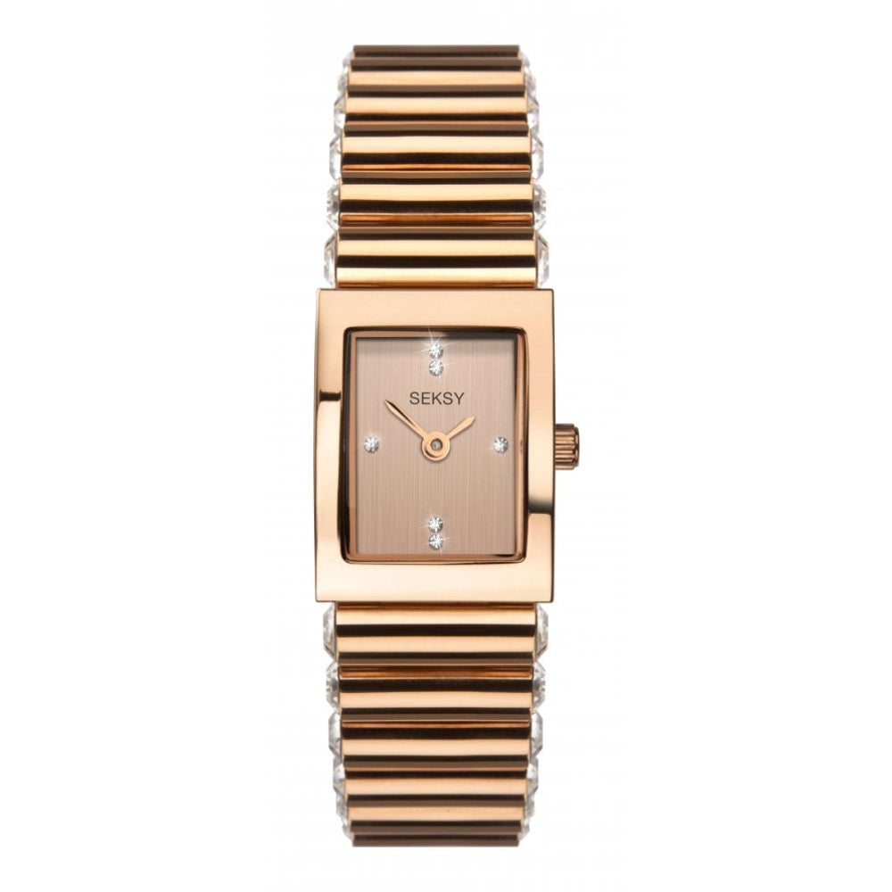 Rectangular Rose Gold Plated Case With Champagne Stone Set Dial & Bracelet Strap Ladies Watch