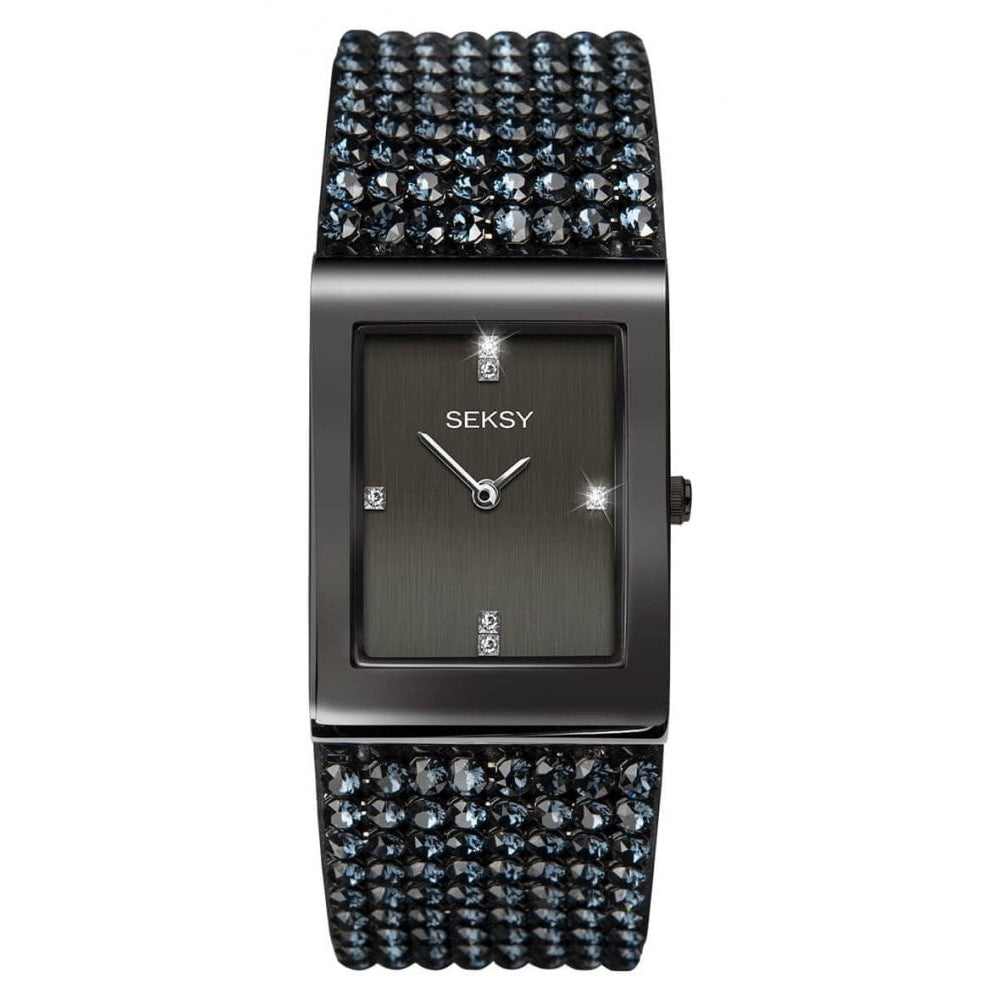 Shimmer Gun Metal Plated Stone Set Case With Black Dial & Black Leather Strap With Crystals Ladies Watch