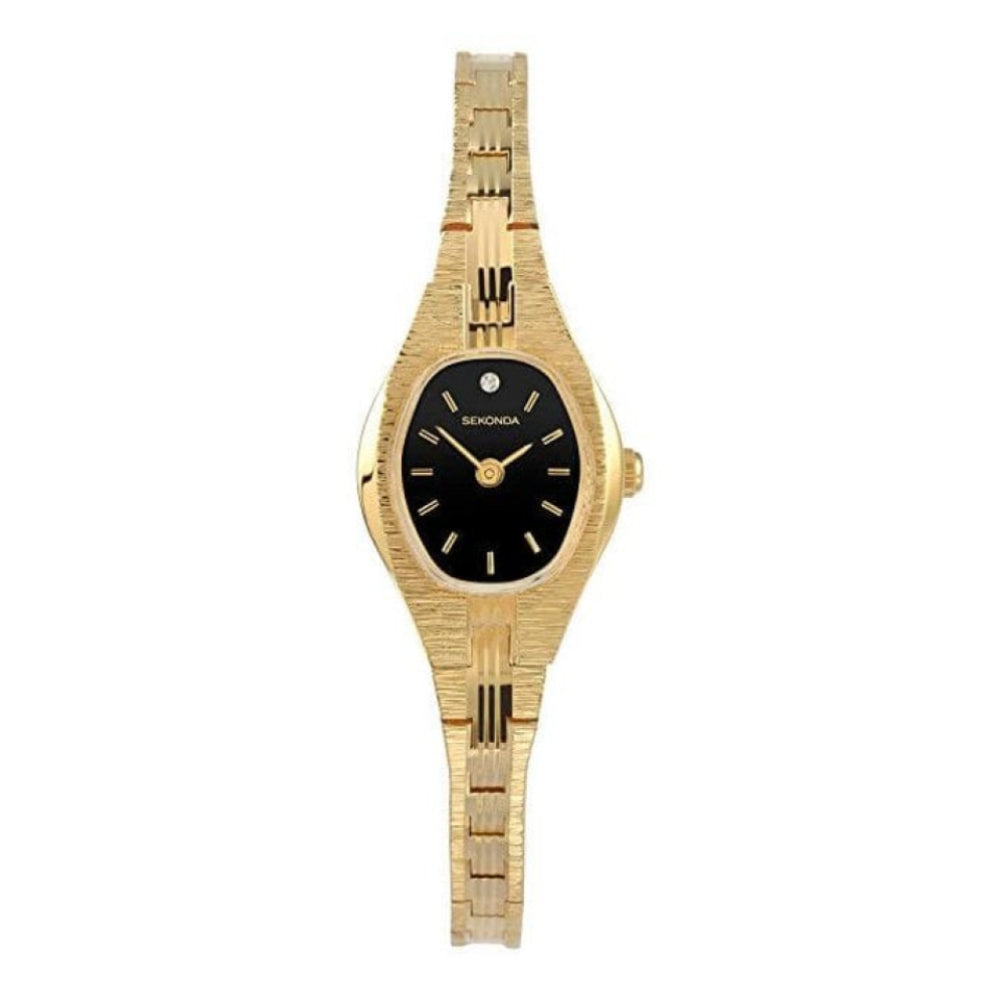 Gold Plated Textured Bracelet Strap & Case With Black Oval Dial Ladies Watch