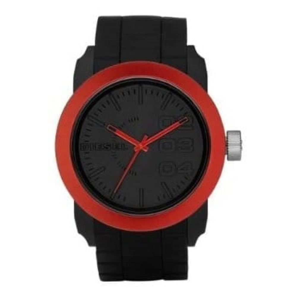 Gents Black Rubber Strap Watch With Red Bezel